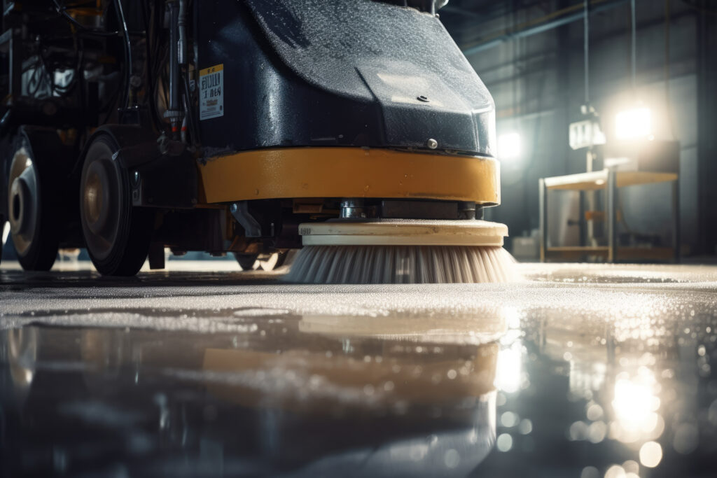 Macro shot of a large industrial scrubber machine cleaning a con