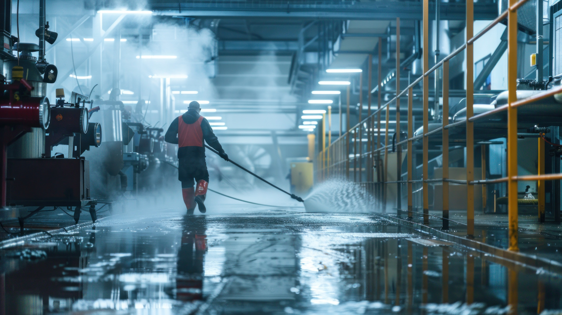 A middle aged man works in an industrial slaughterhouse. He is cleaning and washing the floor using a pressure water sprayer. A food processing plant and a machine production line with water